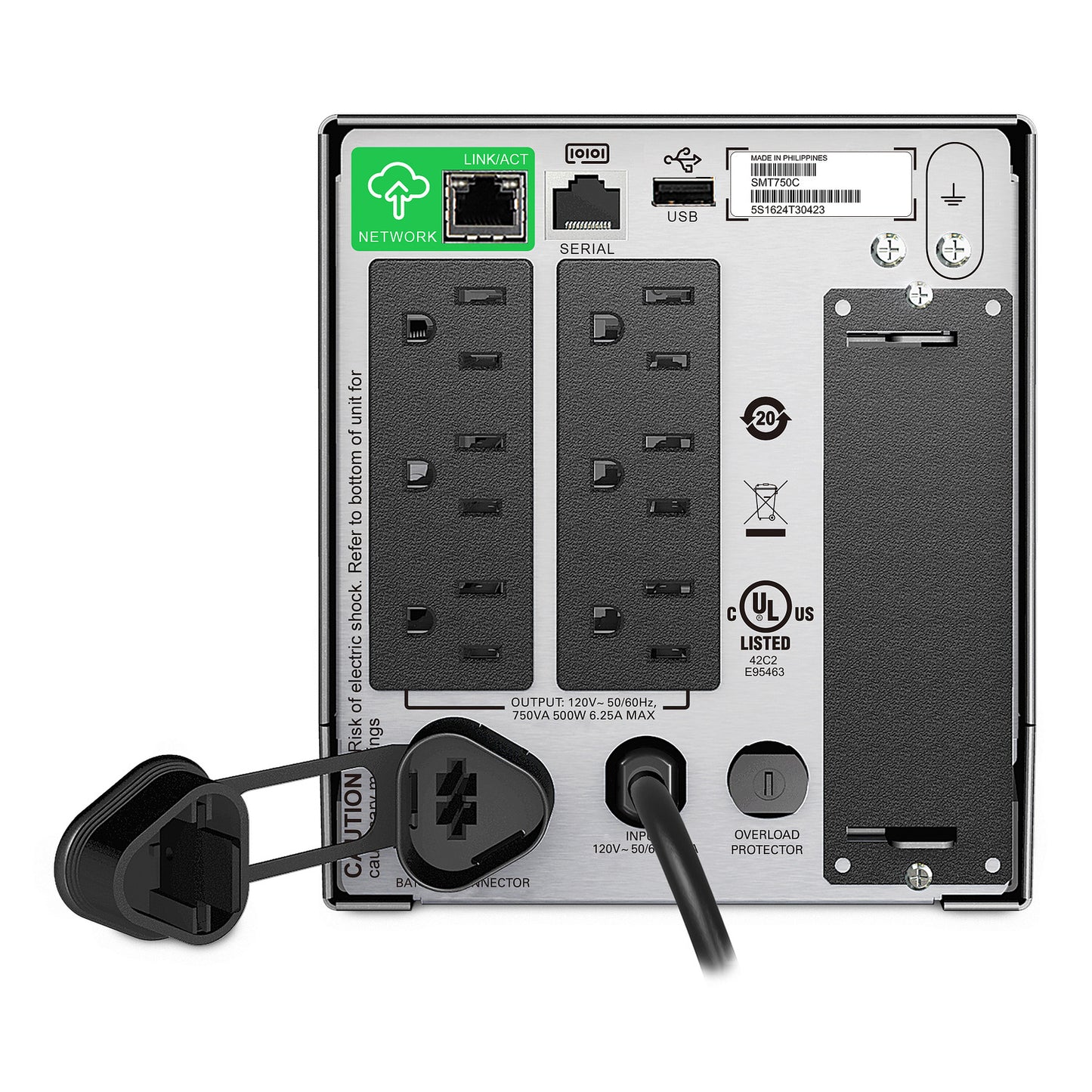 APC Smart-UPS, Line Interactive, 750VA, Tower, 120V, 6x NEMA 5-15R outlets, SmartConnect Port+SmartSlot, AVR, LCD