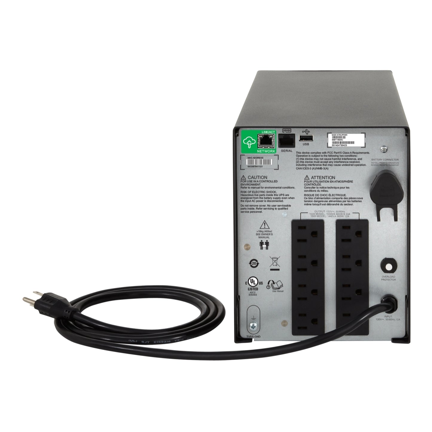 APC Smart-UPS C, Line Interactive, 1440VA, Tower, 120V, 8x NEMA 5-15R outlets, SmartConnect port, USB and Serial communication, AVR, Graphic LCD