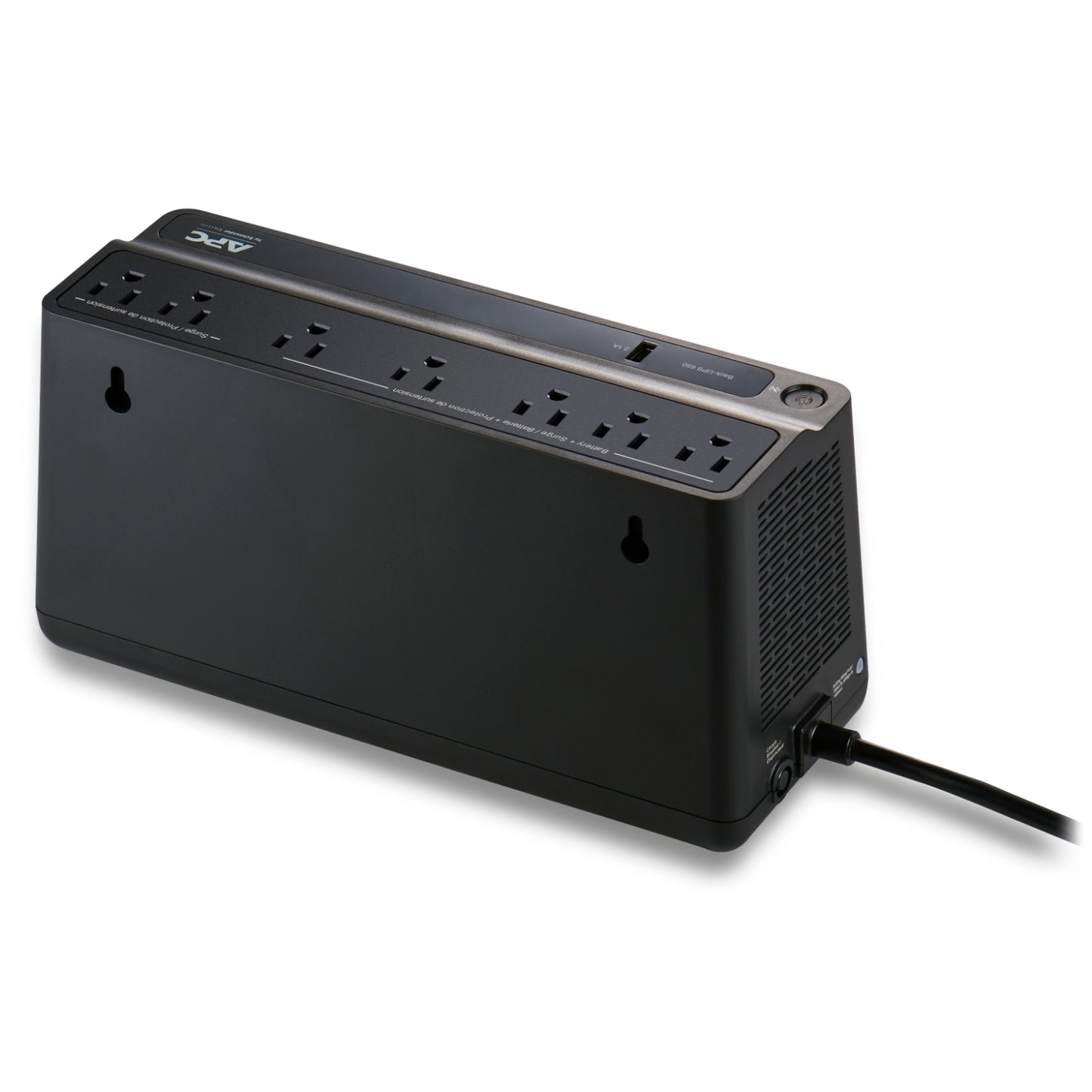 APC Back UPS, 650VA/360W, Floor/Wall Mount 120V, 7x NEMA 5-15R outlets, USB Type A Port, User Replaceable Battery