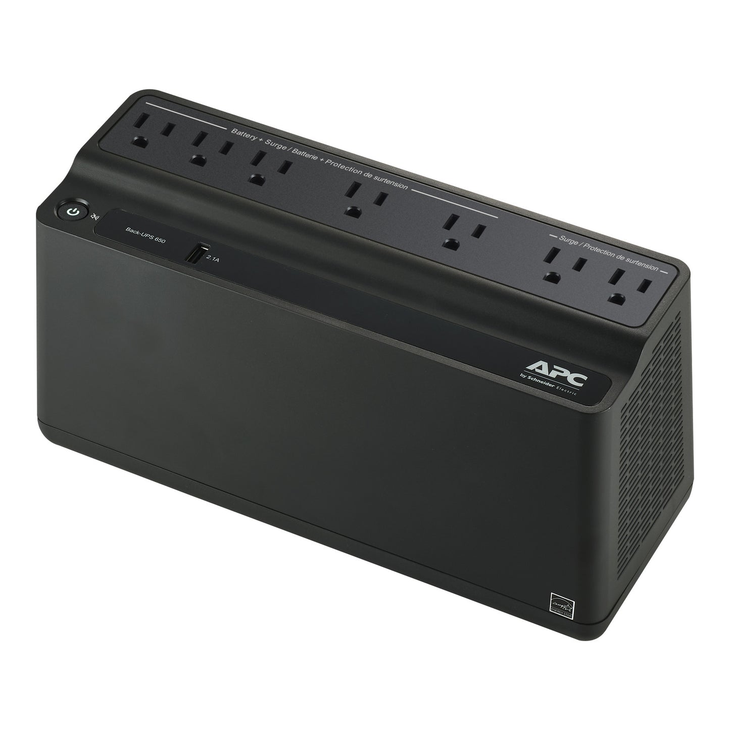 APC Back UPS, 650VA/360W, Floor/Wall Mount 120V, 7x NEMA 5-15R outlets, USB Type A Port, User Replaceable Battery