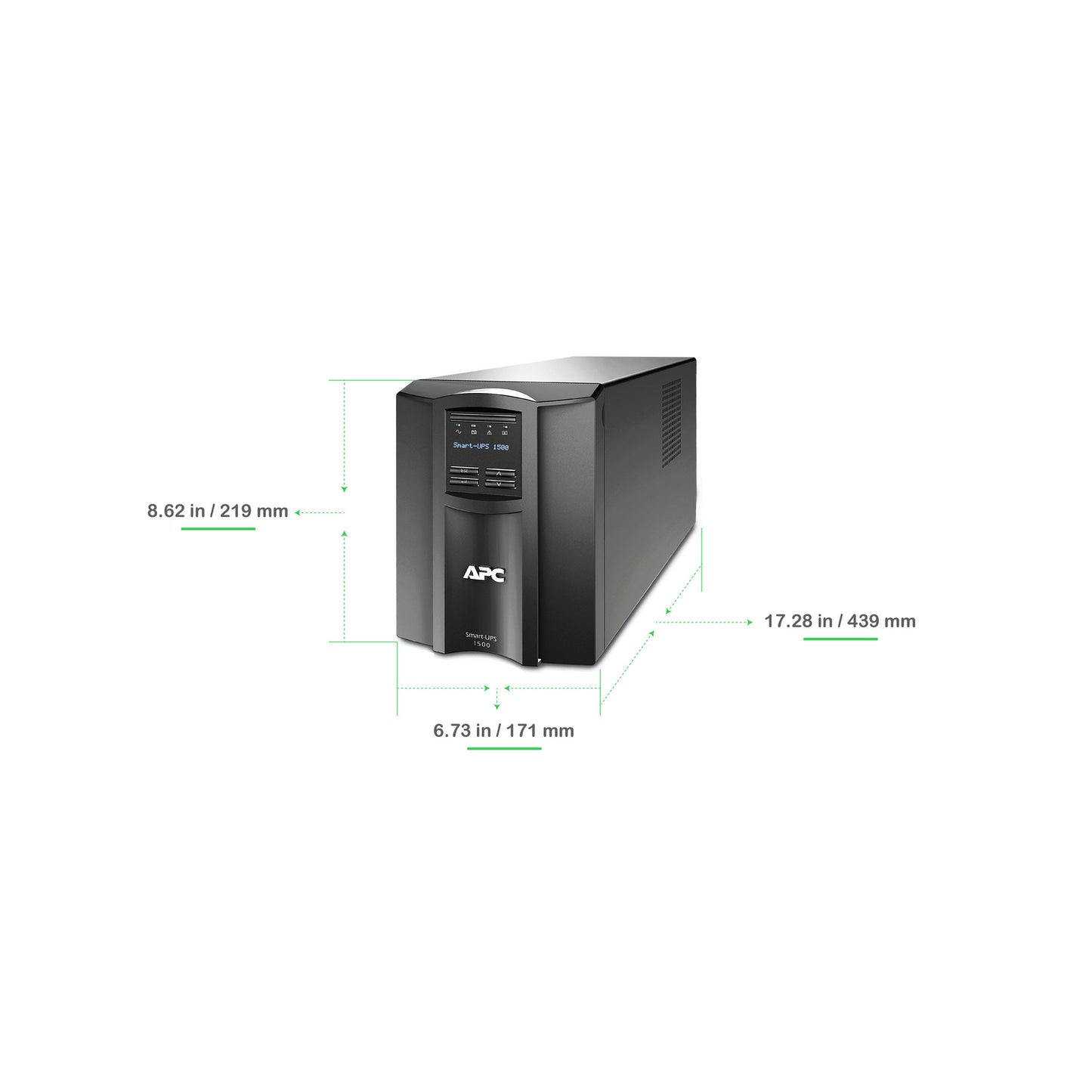 APC Smart-UPS, Line Interactive, 1500VA, Tower, 120V, 8x NEMA 5-15R outlets, SmartConnect Port+SmartSlot, AVR, LCD