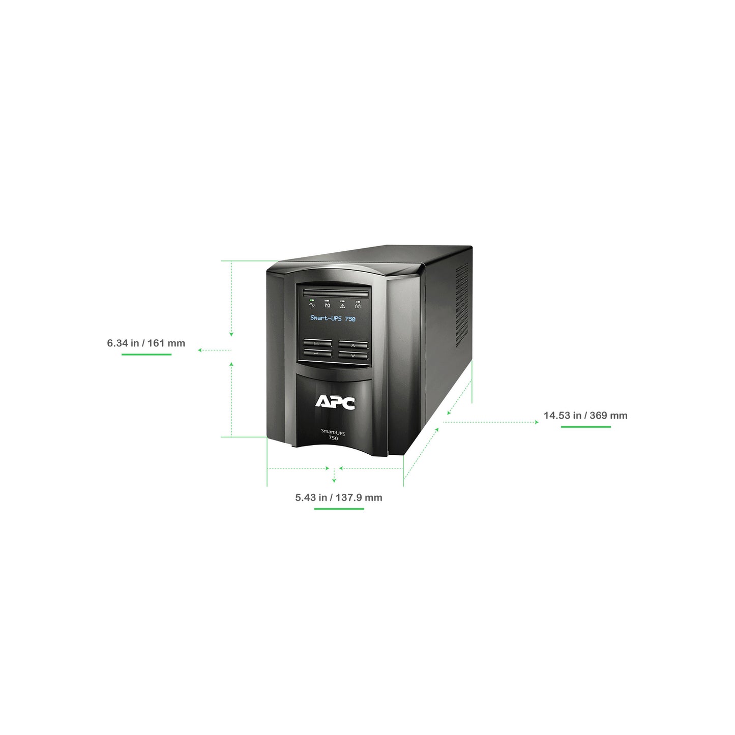 APC Smart-UPS, Line Interactive, 750VA, Tower, 120V, 6x NEMA 5-15R outlets, SmartConnect Port+SmartSlot, AVR, LCD